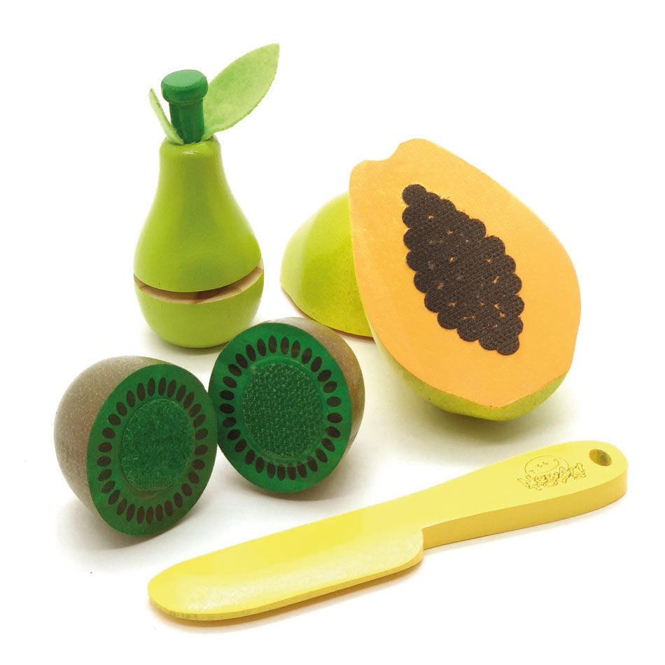 Coleção Comidinhas - Kit Frutinhas com Corte (Mamão, Pera e Kiwi) + Faca